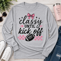 Classy Until Kick Off graphic long sleeve crewneck tee with pink bow and football design