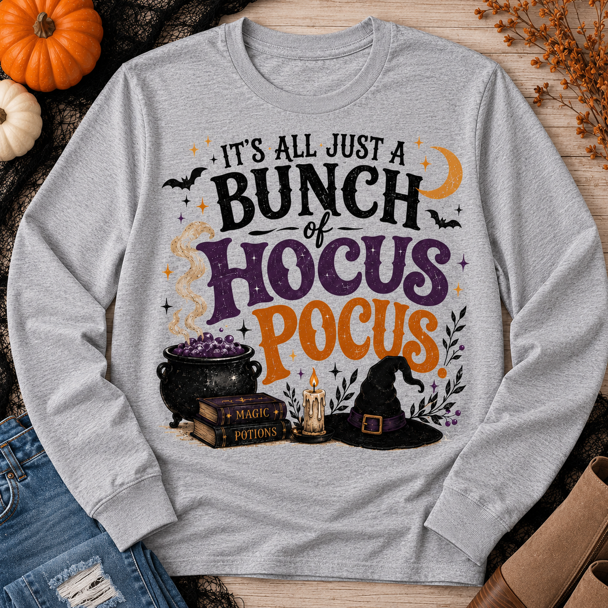 Hocus Pocus Halloween graphic long sleeve tee with cauldron, witch hat and spell books