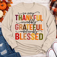 Thankful Grateful Blessed fall graphic long sleeve crewneck tee with colorful autumn lettering