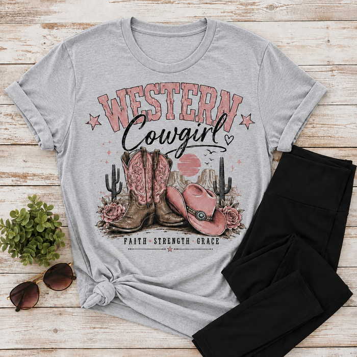 Western Cowgirl graphic crewneck tee with pink cowboy boots, hat and desert design