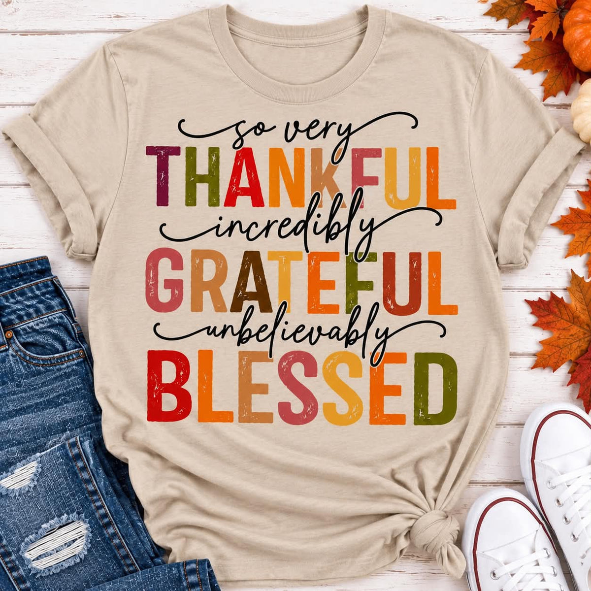 Thankful Grateful Blessed fall graphic crewneck tee with colorful autumn lettering