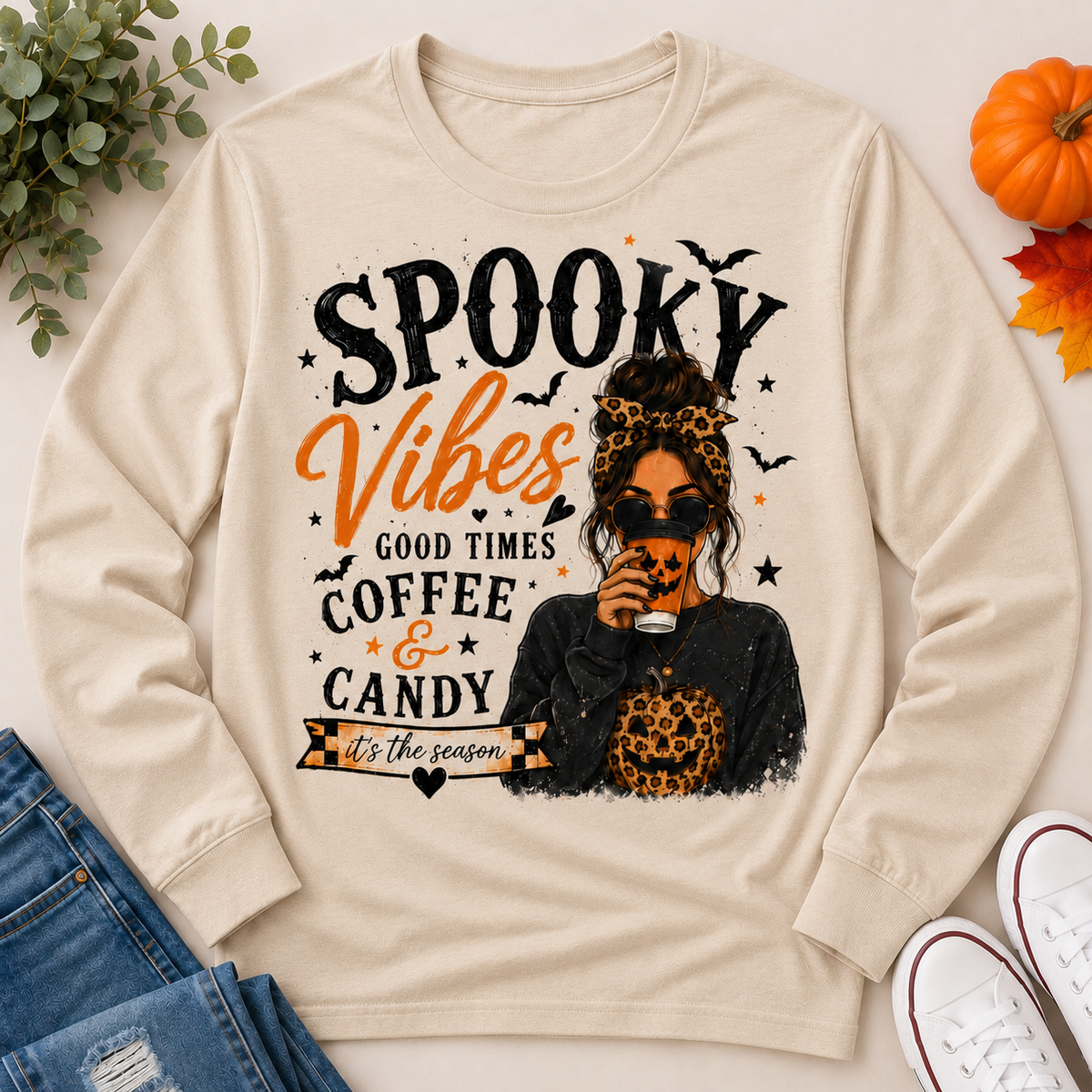 Spooky Vibes Halloween graphic long sleeve crewneck tee with coffee, pumpkin and leopard print design
