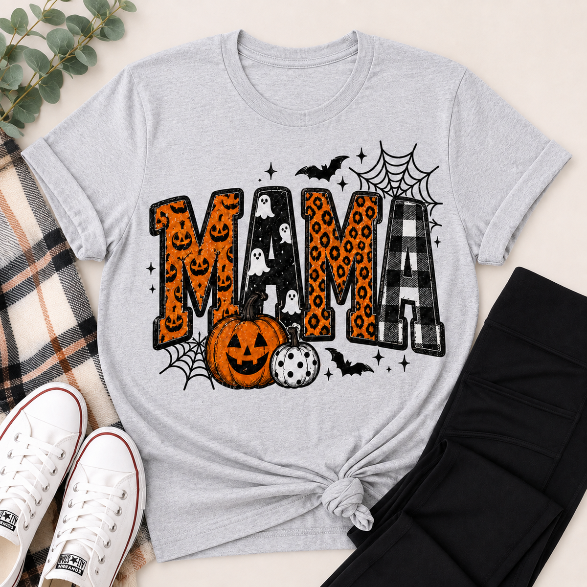 Mama Halloween graphic grey crewneck tee with pumpkins, ghosts, leopard print and plaid design