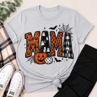 Mama Halloween graphic grey crewneck tee with pumpkins, ghosts, leopard print and plaid design
