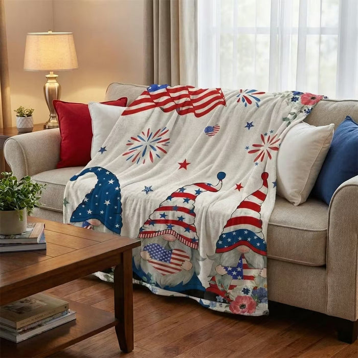 Patriotic gnome blanket 130x150 cm flannel throw in red white and blue America 250 design cozy USA themed blanket