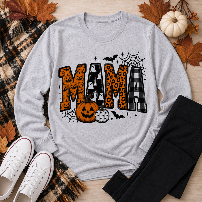 Mama Halloween graphic grey crewneck long sleeve tee with pumpkins, ghosts, leopard print and plaid design