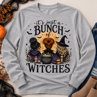 Bunch of Witches Halloween graphic long sleeve crewneck tee with witches and cauldron