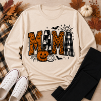 Mama Halloween graphic beige crewneck long sleeve tee with pumpkins, ghosts, leopard print and plaid design