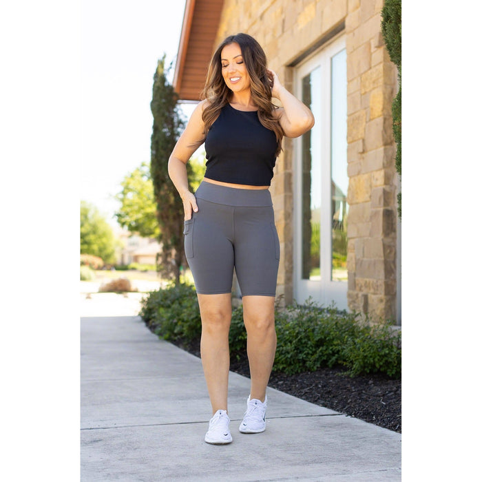 Julia Rose The Christy charcoal 7-inch biker shorts, Women wearing charcoal biker shorts high waisted