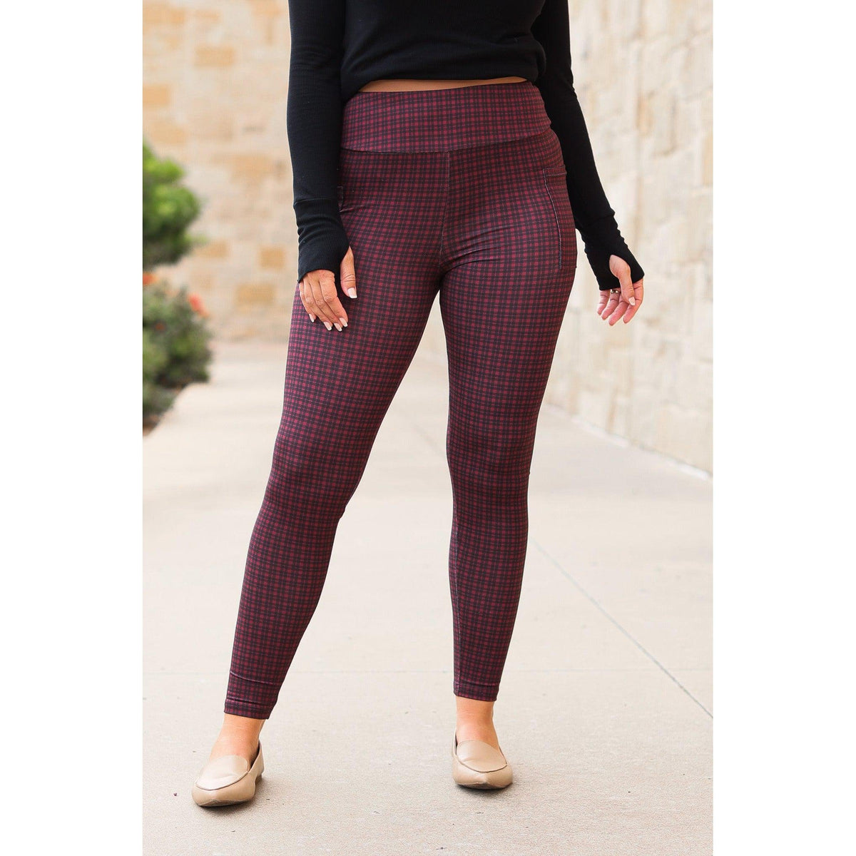 High-waisted plaid leggings by Julia Rose, Julia Rose women’s plaid leggings lifestyle image
