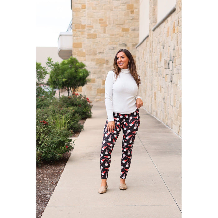 High-waisted buttery soft holiday leggings by Julia Rose Close-up of gnome print detail on Julia Rose holiday leggings