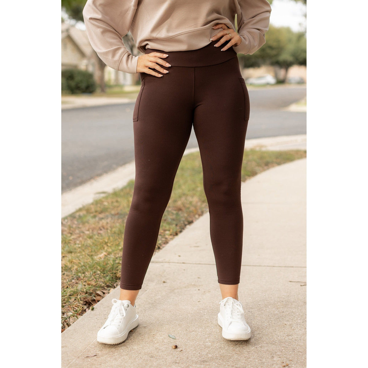Belle - Brown Fleece Full Length Leggings with Pockets*