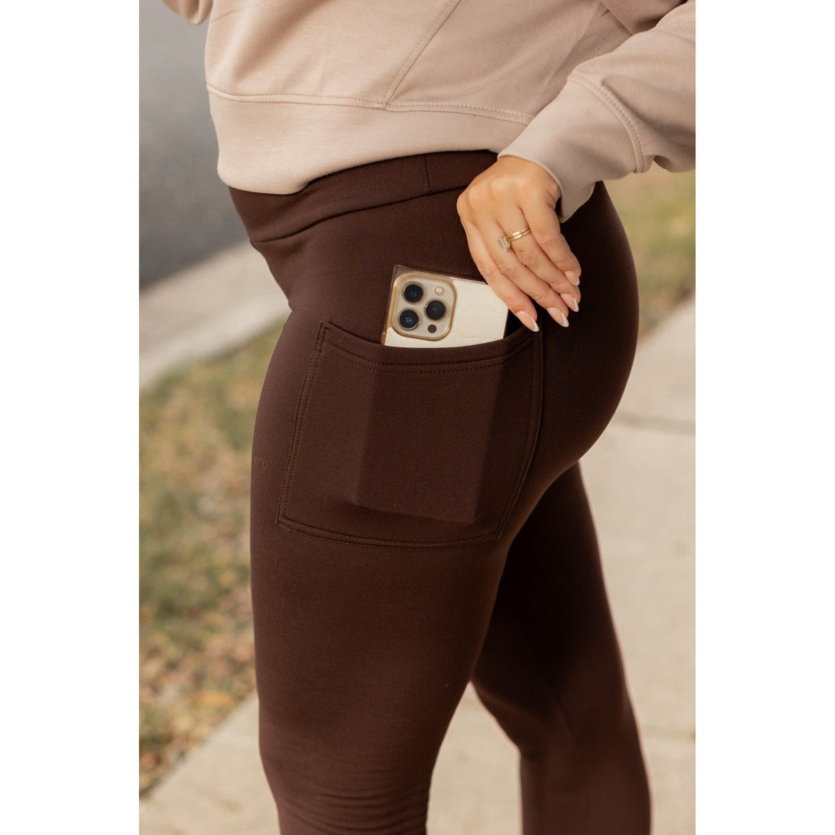 Belle - Brown Fleece Full Length Leggings with Pockets*