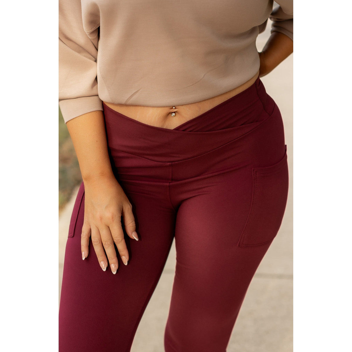 Ready to Ship | The Molly - MAROON Crossover Full Length Leggings with Pockets