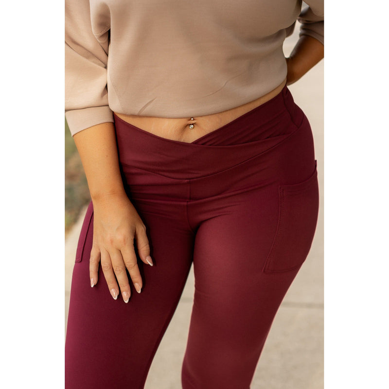 Ready to Ship | The Molly - MAROON Crossover Full Length Leggings with Pockets