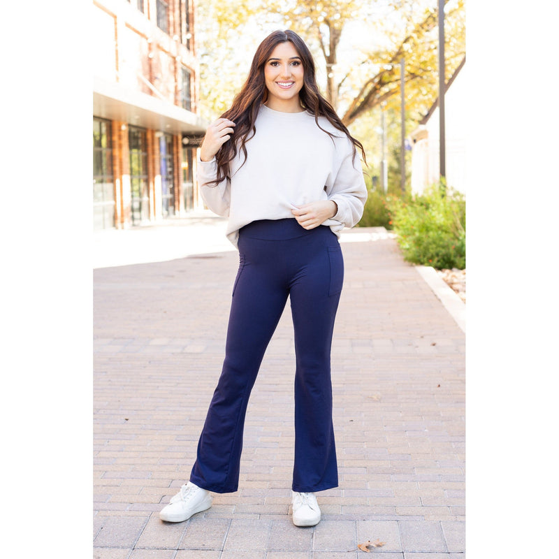 Full length navy bootcut leggings with side pockets Flattering women’s bootcut leggings in navy blue by Julia Rose