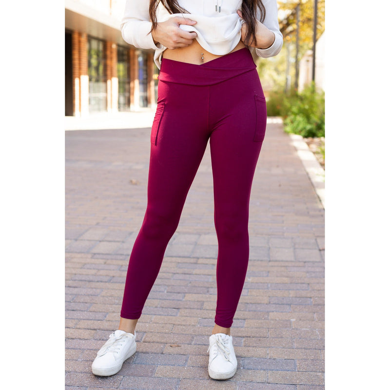 Ready to Ship | The Molly - MAROON Crossover Full Length Leggings with Pockets
