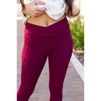 Ready to Ship | The Molly - MAROON Crossover Full Length Leggings with Pockets