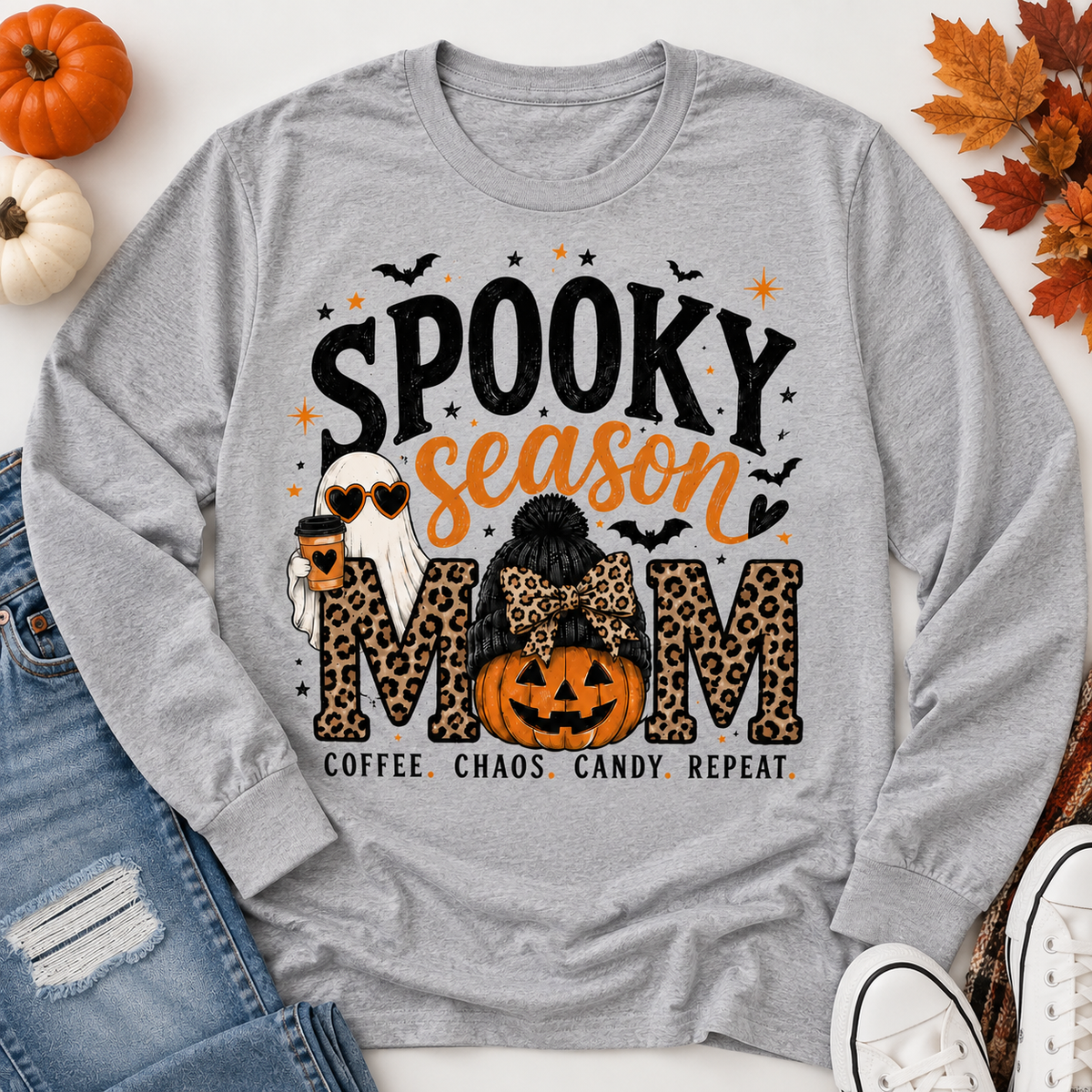 Spooky Season Mom Halloween graphic long sleeve crewneck tee with leopard print, ghost, pumpkin and coffee design