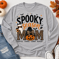 Spooky Season Mom Halloween graphic long sleeve crewneck tee with leopard print, ghost, pumpkin and coffee design