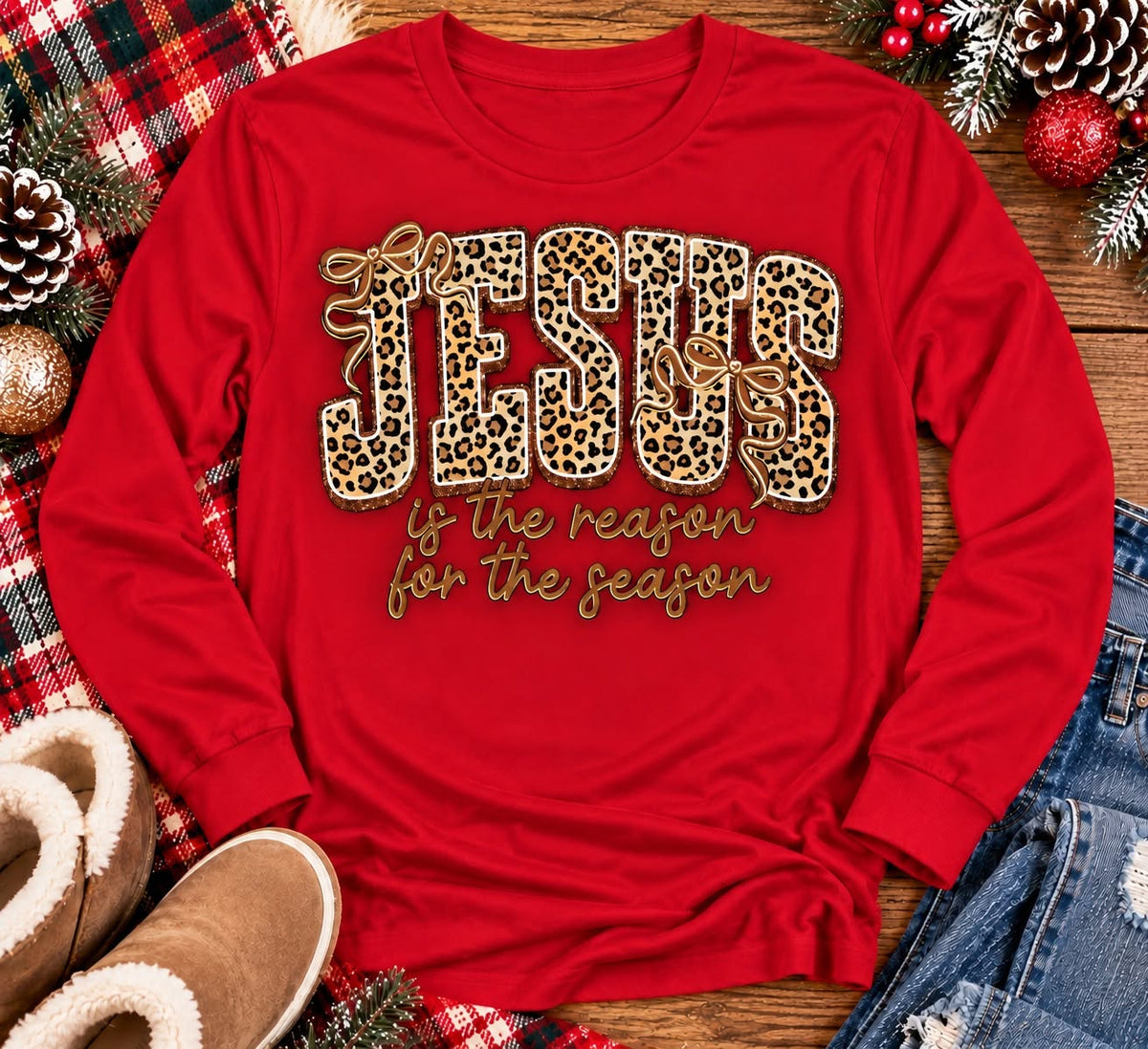 Jesus Is the Reason for the Season Christmas graphic shirt featuring bold leopard print JESUS lettering, decorative gold bows, and gold script. Faith-inspired holiday apparel available in red and black with four style options.