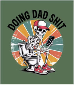 Skeleton on a toilet with a cap and sneakers on a blanket in a bedroom setting