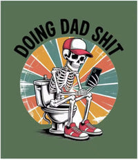 Skeleton on a toilet with a cap and sneakers on a blanket in a bedroom setting