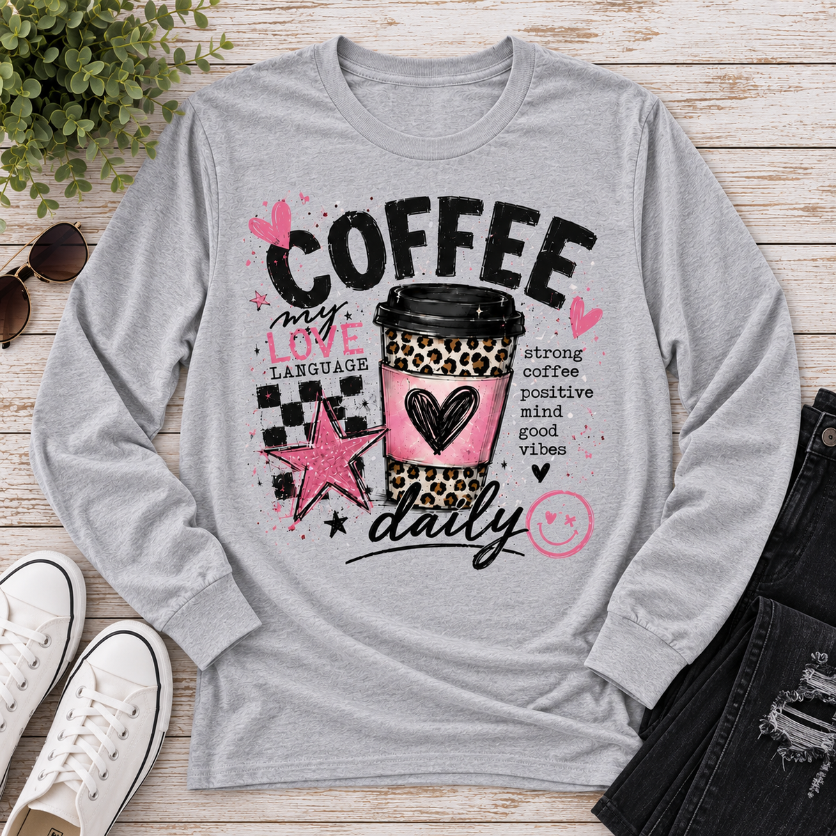 Coffee My Love Language graphic long sleeve crew neck tee with pink and leopard print coffee design