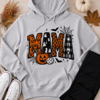 Mama Halloween graphic grey hoodie with pumpkins, ghosts, leopard print and plaid design