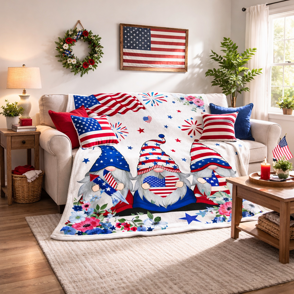 Patriotic gnome blanket 130x150 cm flannel throw in red white and blue America 250 design cozy USA themed blanket