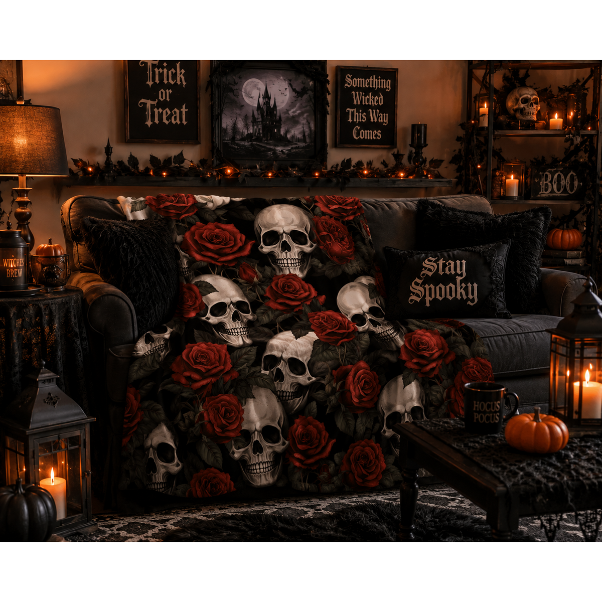 Black gothic Halloween blanket featuring realistic ivory skulls surrounded by deep red roses and dark green foliage.