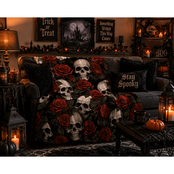 Black gothic Halloween blanket featuring realistic ivory skulls surrounded by deep red roses and dark green foliage.