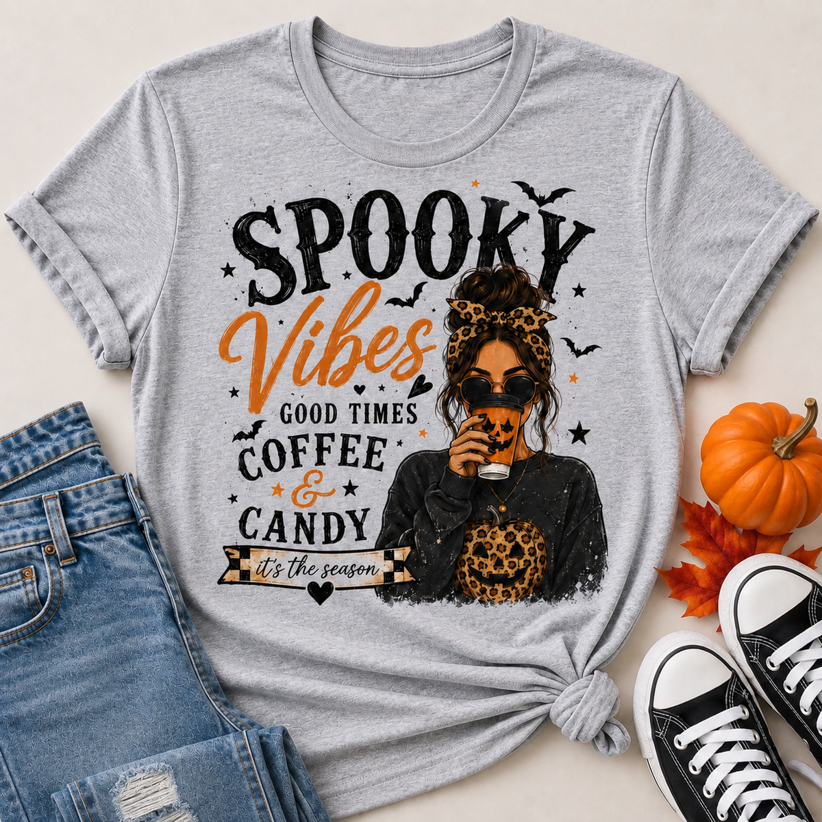Spooky Vibes Halloween graphic crewneck T-shirt featuring coffee, candy, pumpkins and leopard print