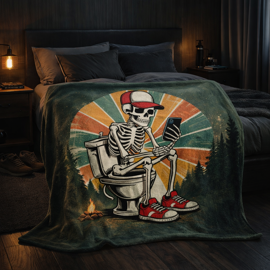 Skeleton on a toilet with a cap and sneakers on a blanket in a bedroom setting