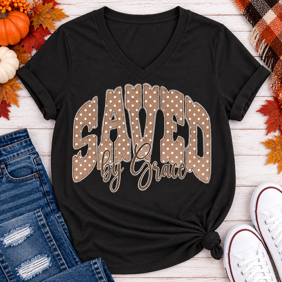 Saved by Grace faith graphic apparel with polka dot lettering, available in brown, navy and black V-neck, long sleeve, crewneck and hoodie styles.