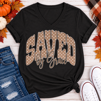 Saved by Grace faith graphic apparel with polka dot lettering, available in brown, navy and black V-neck, long sleeve, crewneck and hoodie styles.