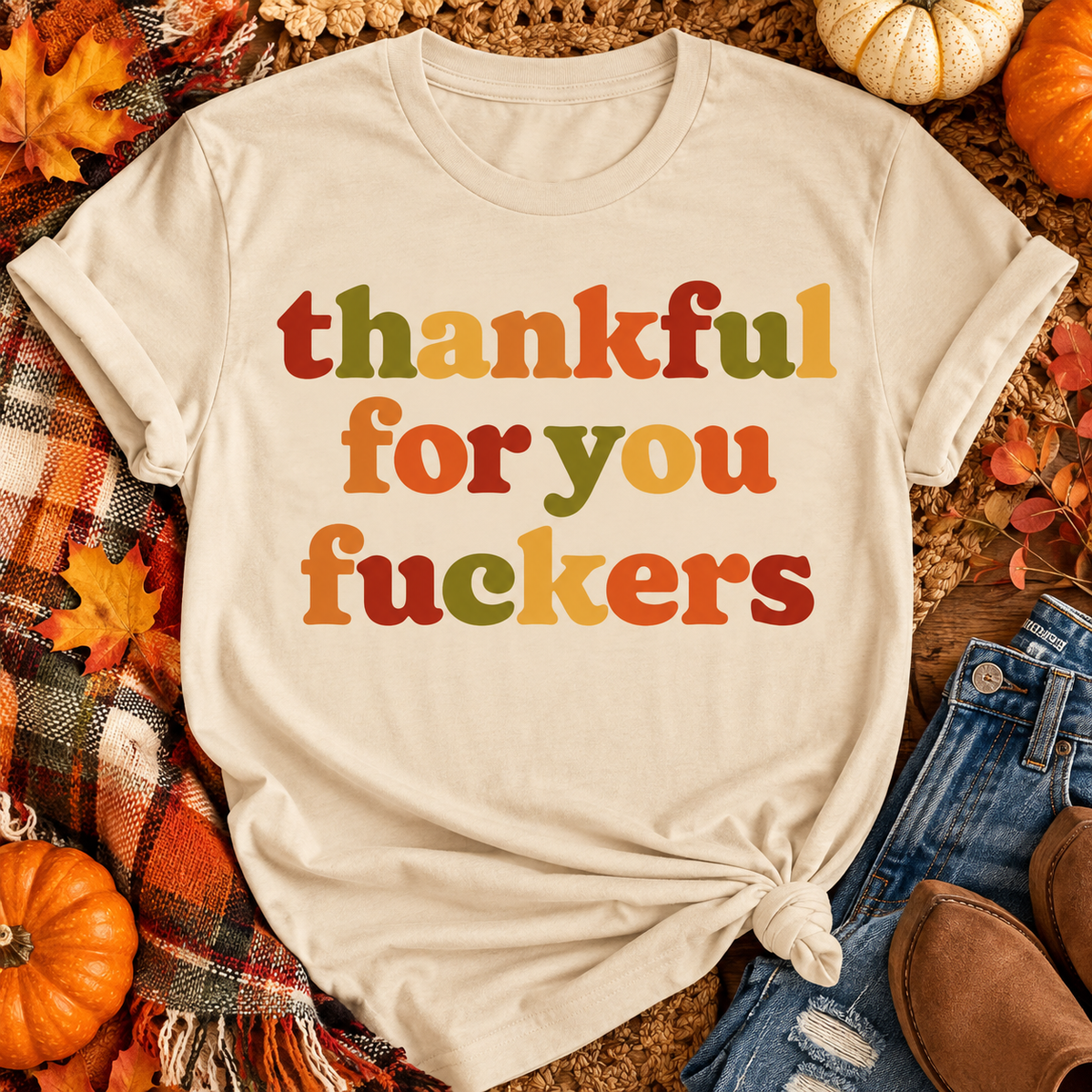 Funny Thankful for You Fuckers Thanksgiving graphic tee featuring bold retro lettering in burnt orange, mustard yellow, olive green, and rust red. Women's fall-inspired short sleeve crewneck shirt available in beige and brown, perfect for Thanksgiving and Friendsgiving.