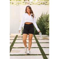 Julia Rose The Dixie crossover 5 inch biker shorts front view, High-waisted crossover biker shorts by Julia Rose