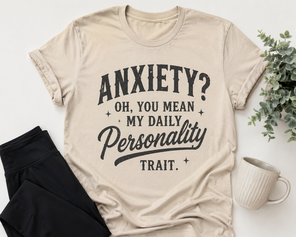 Beige graphic T-shirt with black vintage-style lettering reading Anxiety? Oh, You Mean My Daily Personality Trait.