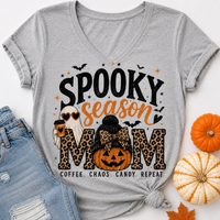 Spooky Season Mom Halloween graphic crewneck tee with leopard print, ghost, pumpkin and coffee design