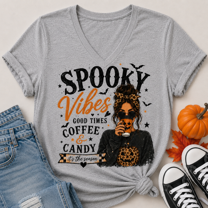 Spooky Vibes Halloween graphic V-neck tee with coffee, candy, pumpkin and leopard print design