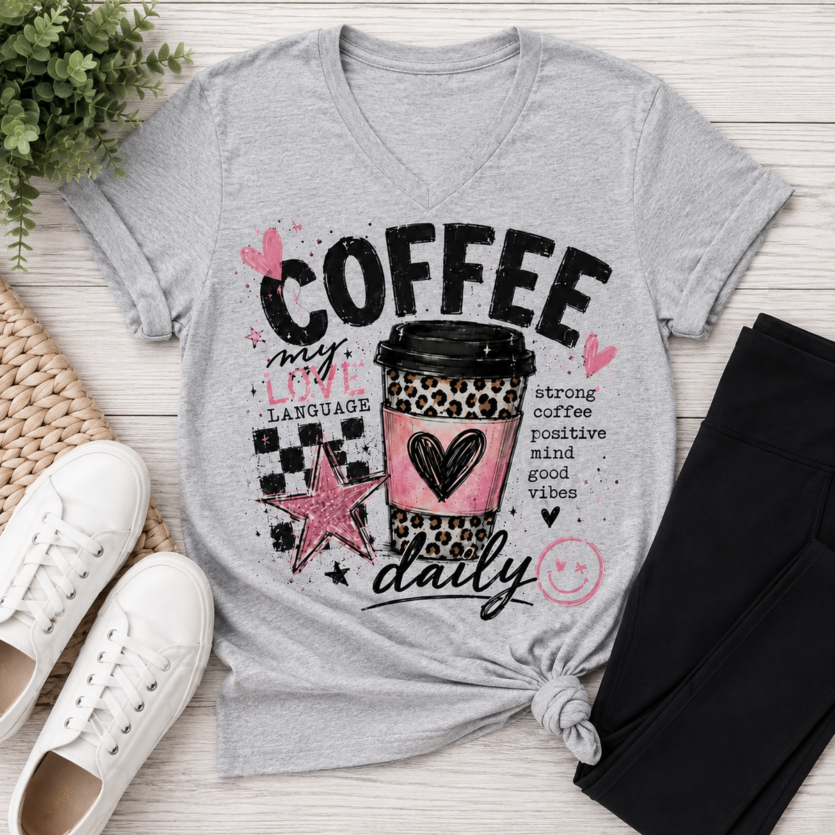 Coffee My Love Language graphic V-neck tee with pink and leopard print coffee cup design