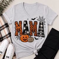 Mama Halloween graphic grey v neck tee with pumpkins, ghosts, leopard print and plaid design