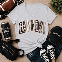 Julia Rose Game Day apparel featuring a football-inspired GAMEDAY graphic with leopard, polka-dot, gingham and striped details.