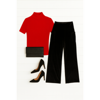 Women’s flowy velvet wide leg holiday pants. Velvet wide leg trousers styled for holiday outfits