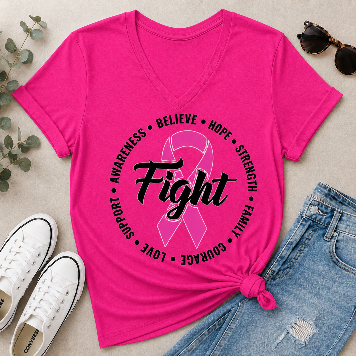 Fuschia Breast Cancer Awareness V-NECK*