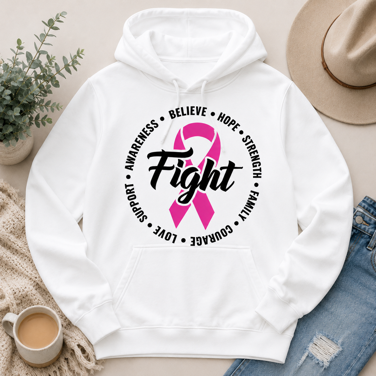 Julia Rose Breast Cancer Awareness Fight apparel with a pink ribbon, available in pink or white crewneck, V-neck, long-sleeve shirt, and hoodie.