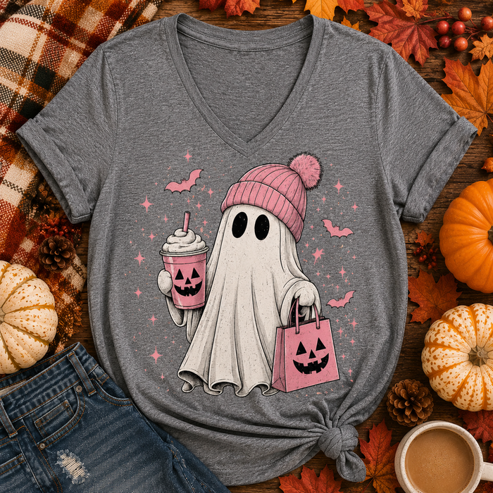 Julia Rose Pink Ghost Halloween apparel available as a crewneck T-shirt, V-neck T-shirt, long-sleeve shirt and hoodie in sizes S–3XL.