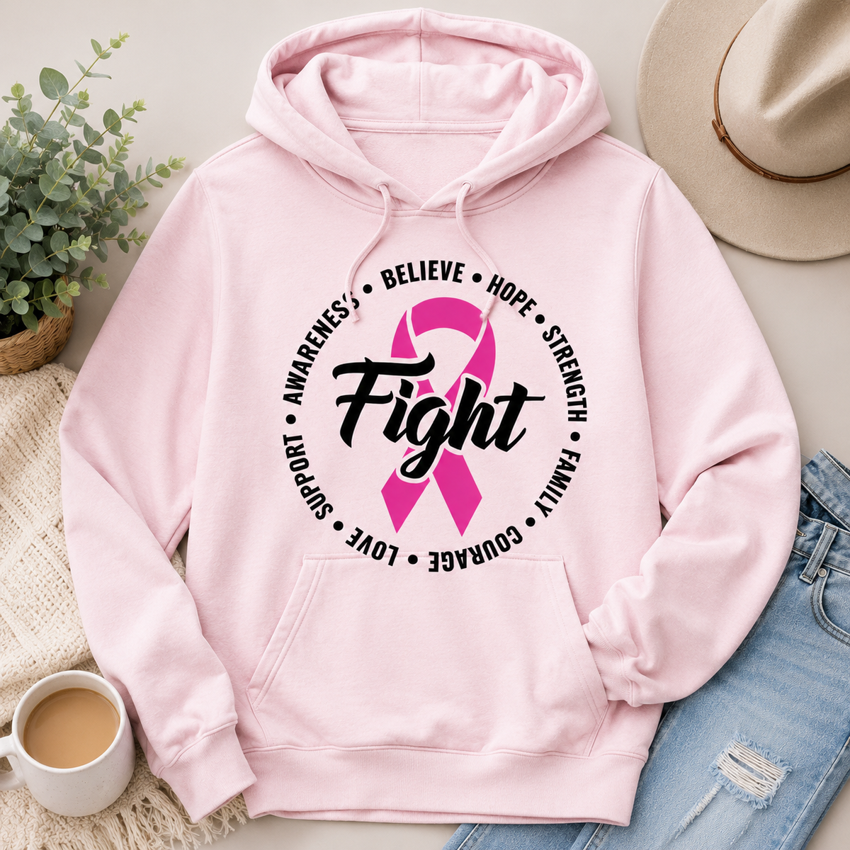 Julia Rose Breast Cancer Awareness Fight apparel with a pink ribbon, available in pink or white crewneck, V-neck, long-sleeve shirt, and hoodie.