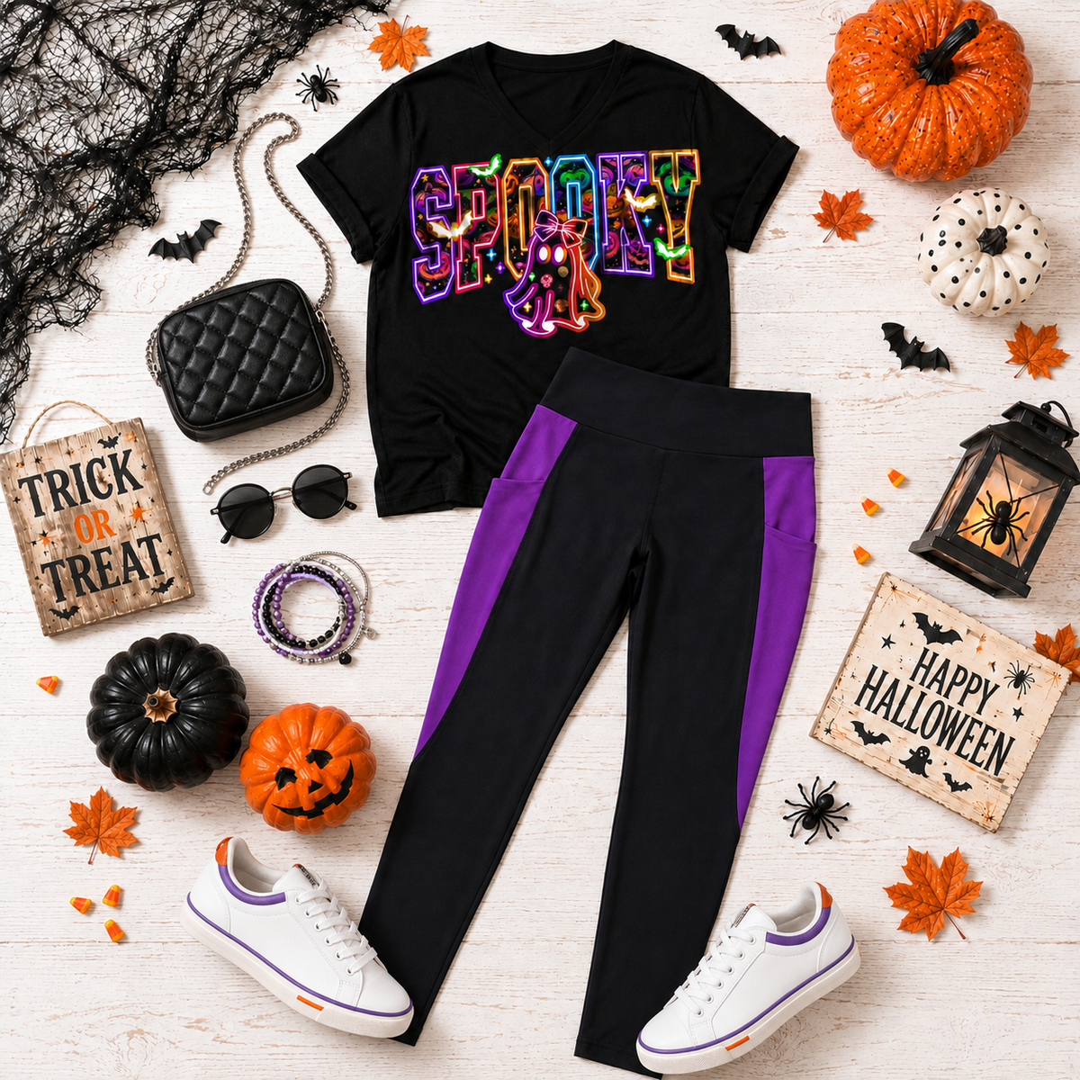 Black V-neck Halloween shirt featuring a colorful SPOOKY ghost graphic, styled with black and purple pocket leggings, white sneakers, and accessories.